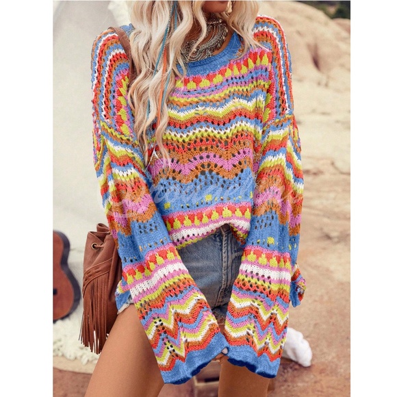 Bohemian Bell Sleeve Sweater Loose Fit Multicolor Knit Eyelet - Picture 1 of 8